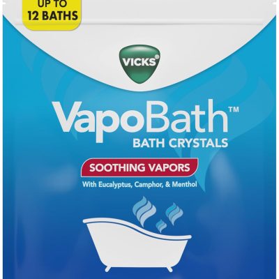 Vicks VapoBath. Bath Salts. Bath Bomb. Non-Medicated Bath Crystals. Comforting Vicks Vapors. Vapor Bath. Aromatherapy with Eucalyptus and Menthol Scent. Contains Essential Oils. 36 OZ